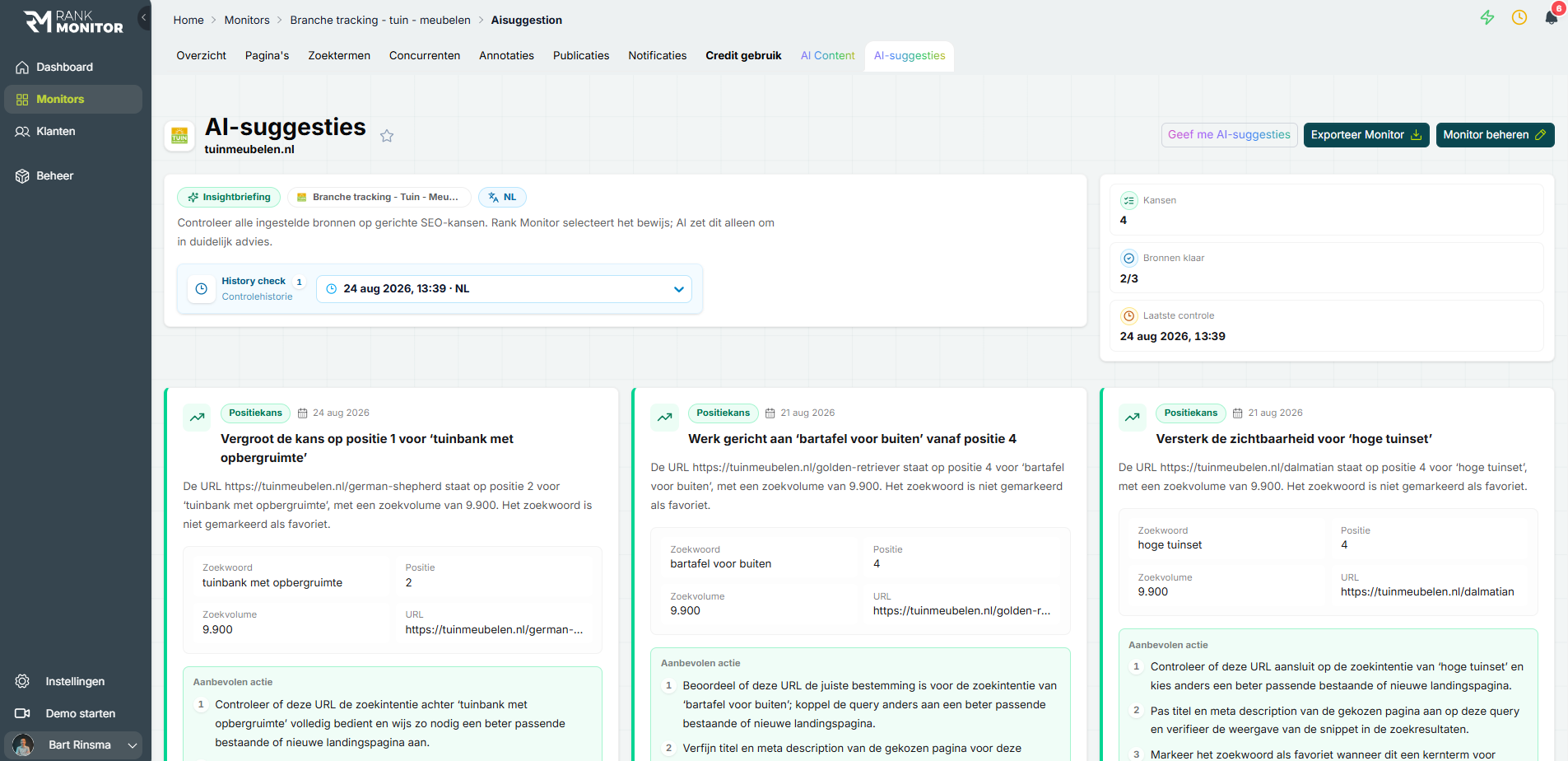 AI-suggesties in Rank Monitor: kansen per zoekterm met positie, zoekvolume en aanbevolen actie